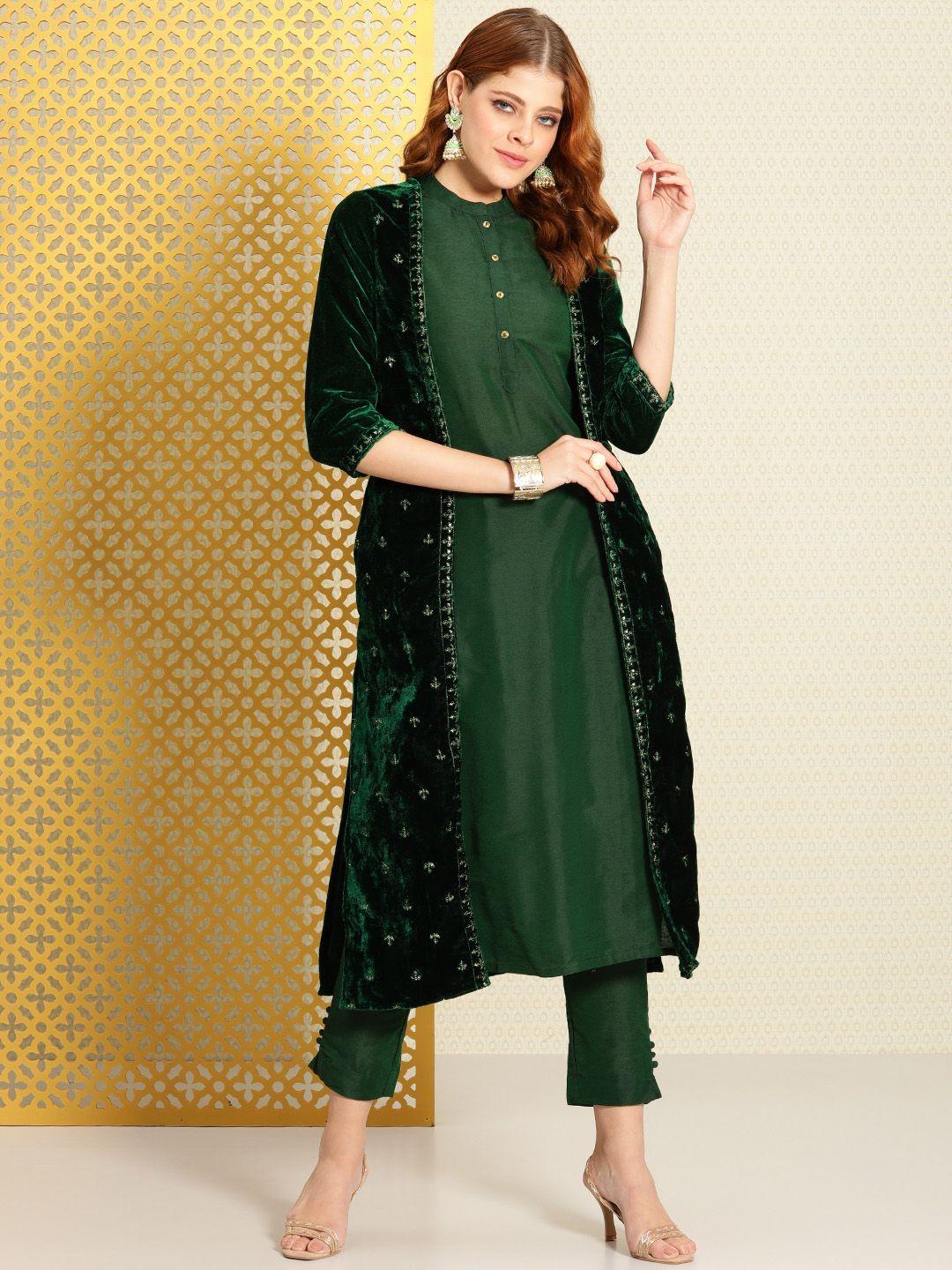 house of pataudi women solid jashn kurta with trousers and velvet embroidered jacket
