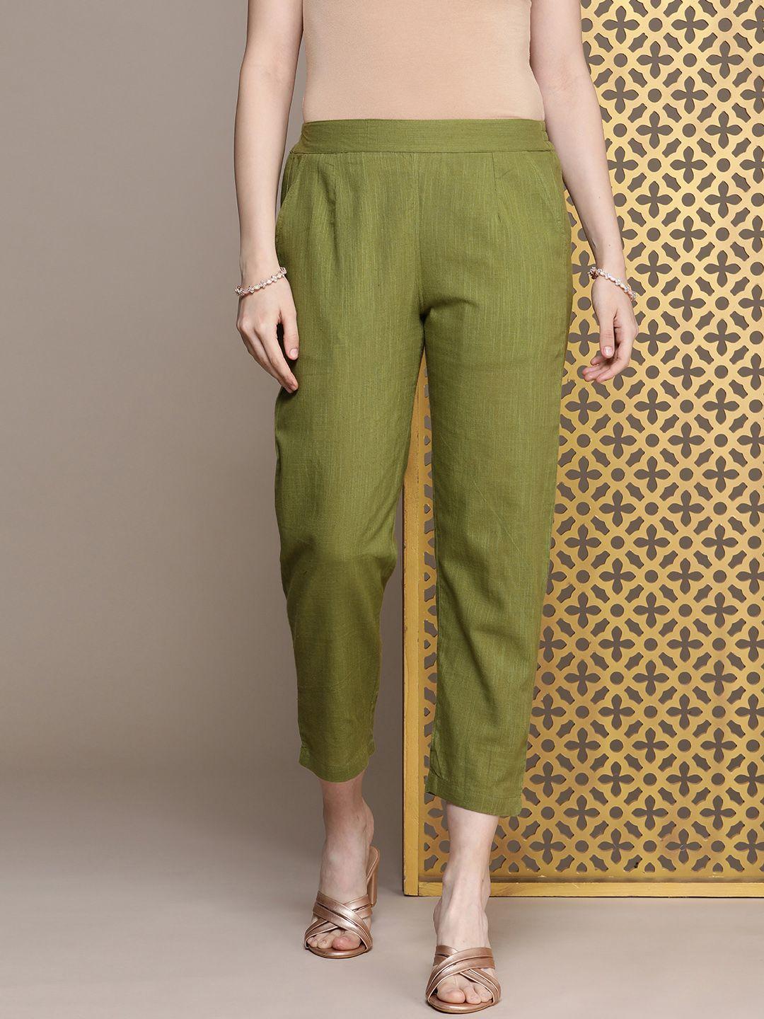 house of pataudi women solid mid-rise pure cotton rozana regular trousers