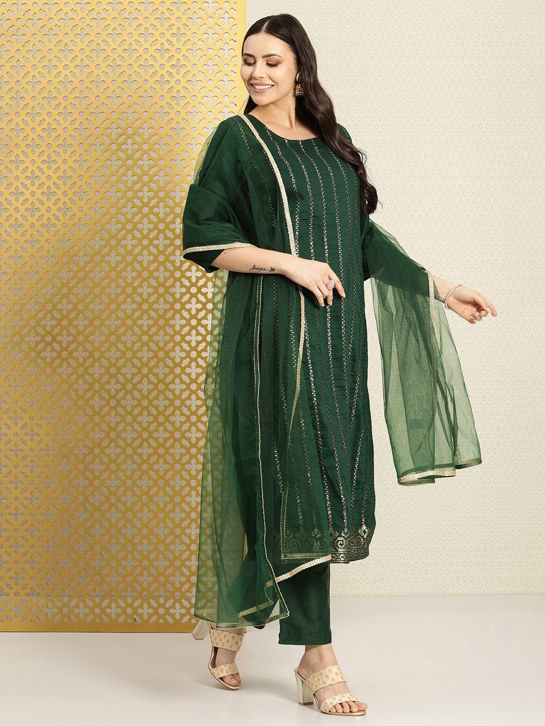 house of pataudi women striped regular sequined jashn kurta with trousers & dupatta