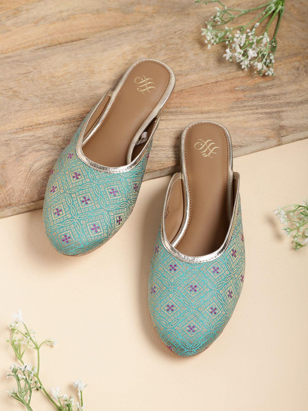 house of pataudi women teal blue & gold-toned woven design mules