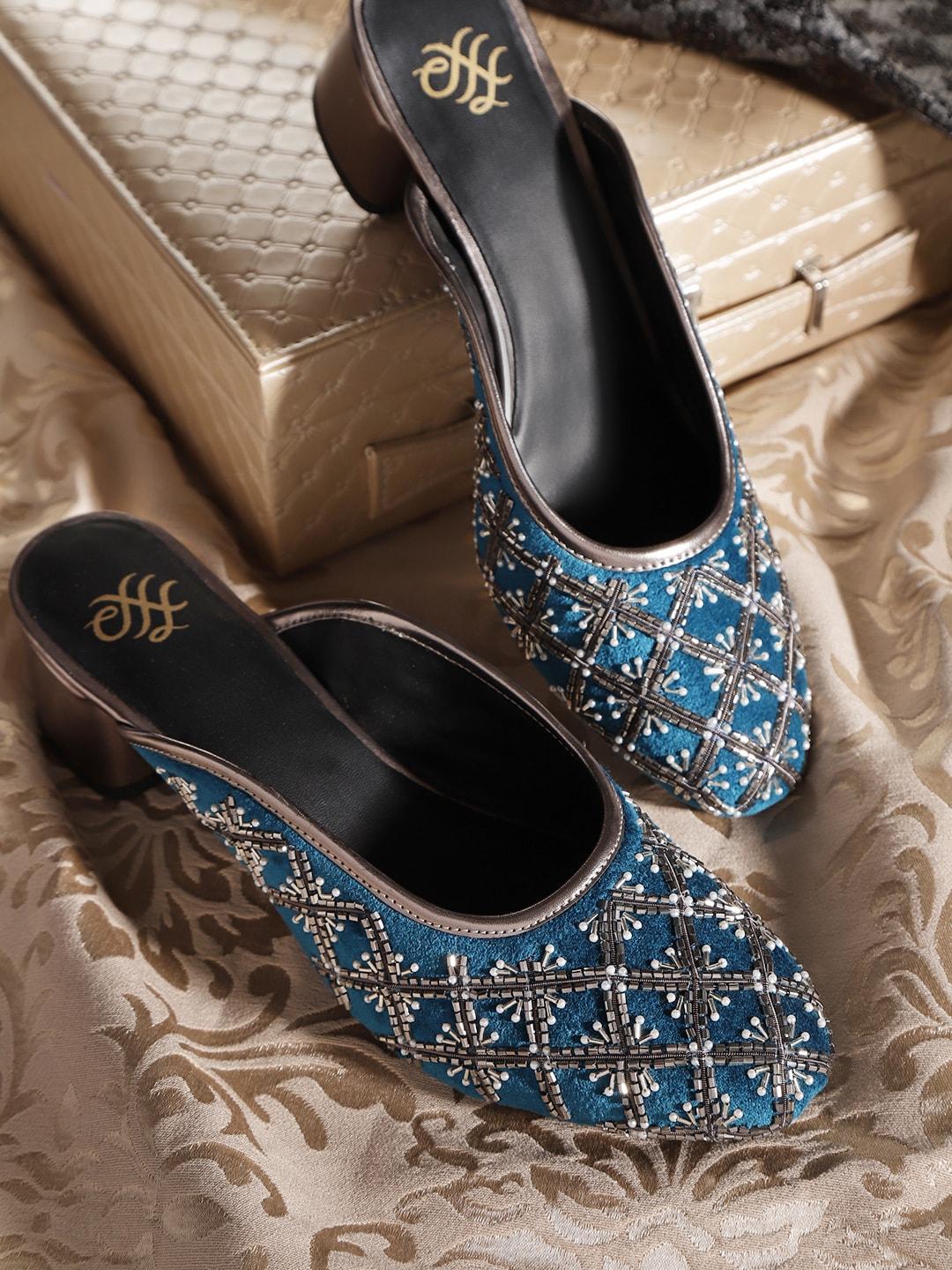 house of pataudi women teal blue & silver-toned velvet finish embellished heeled mules