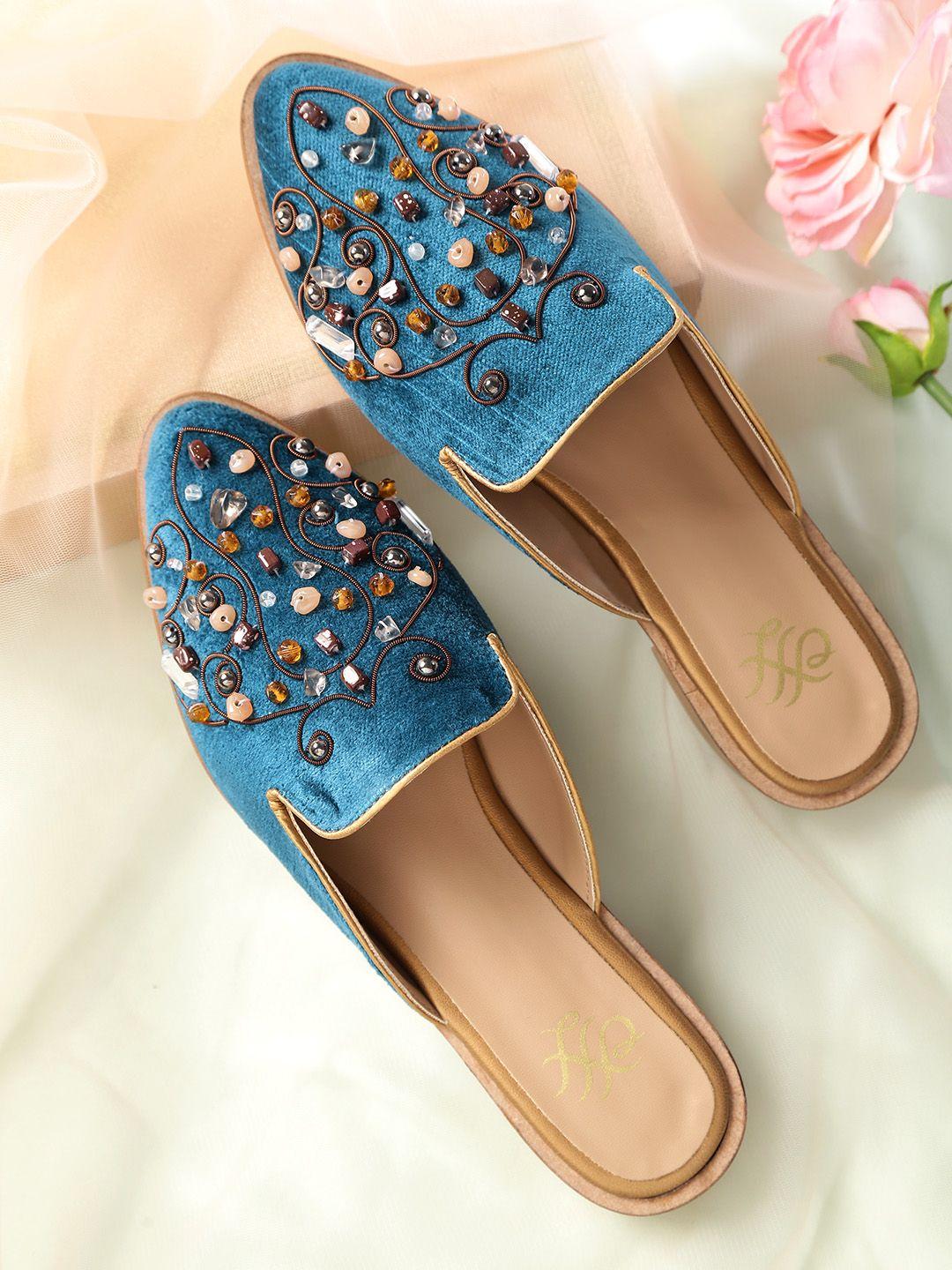 house of pataudi women teal blue beaded ethnic mules