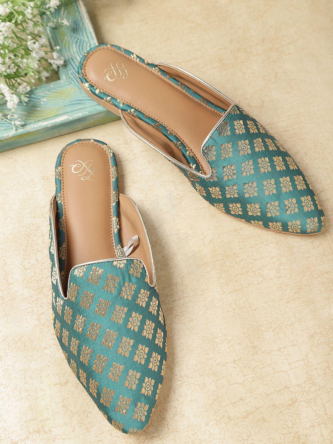 house of pataudi women teal green & gold-toned handcrafted woven design mules