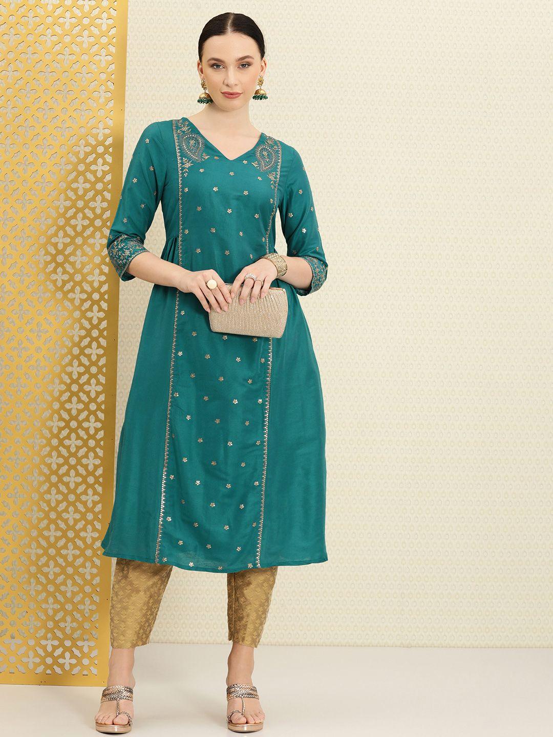 house of pataudi women teal green ethnic motifs embroidered jashn kurta