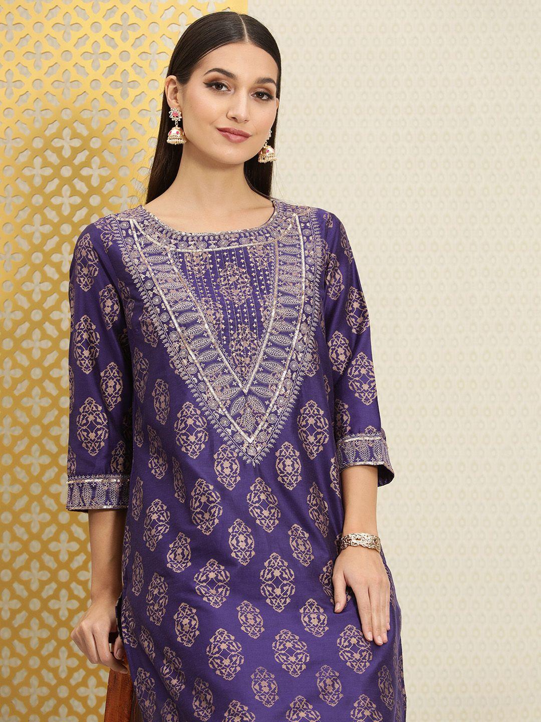 house of pataudi women violet ethnic motifs printed jashn kurta