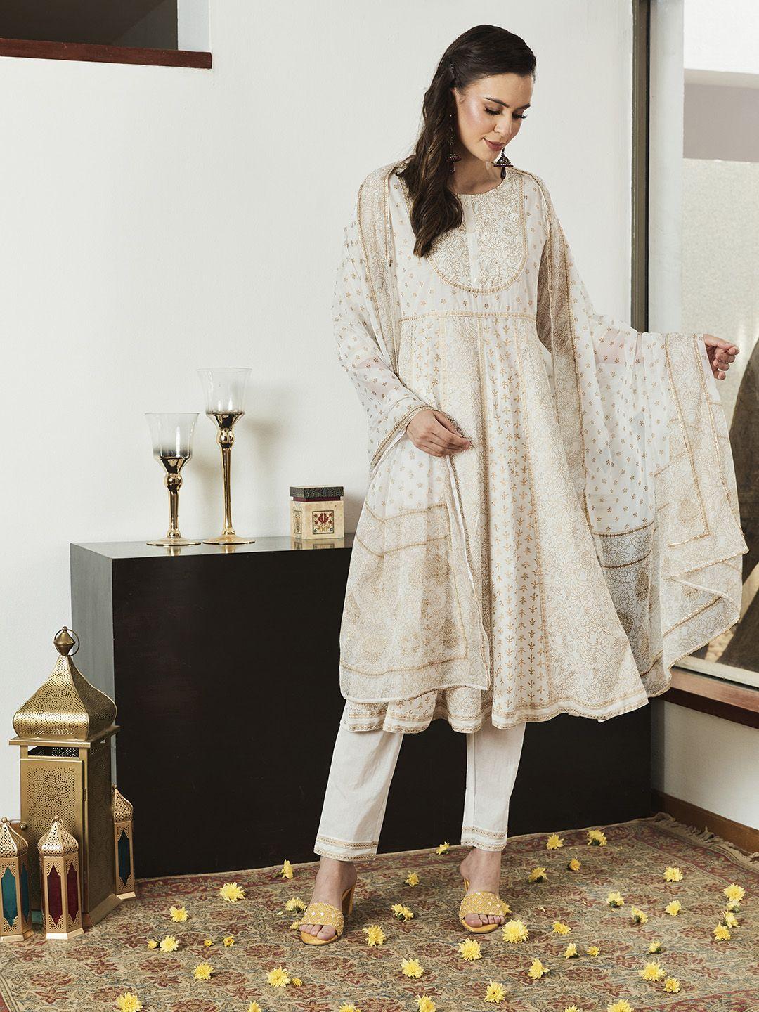 house of pataudi women white printed pure cotton jashn kurta with trousers & dupatta