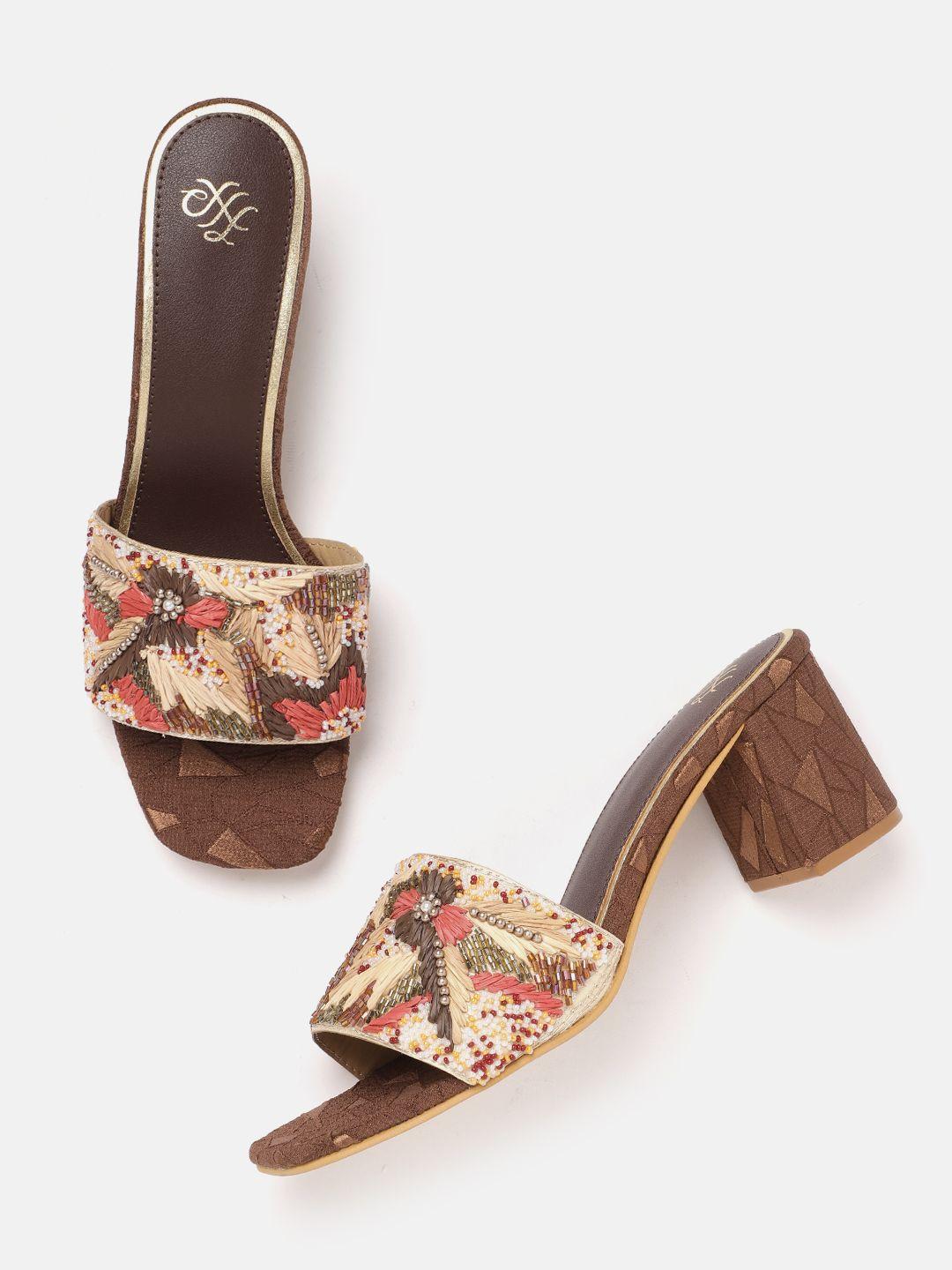 house of pataudi women woven design ethnic block heels with embellished detail