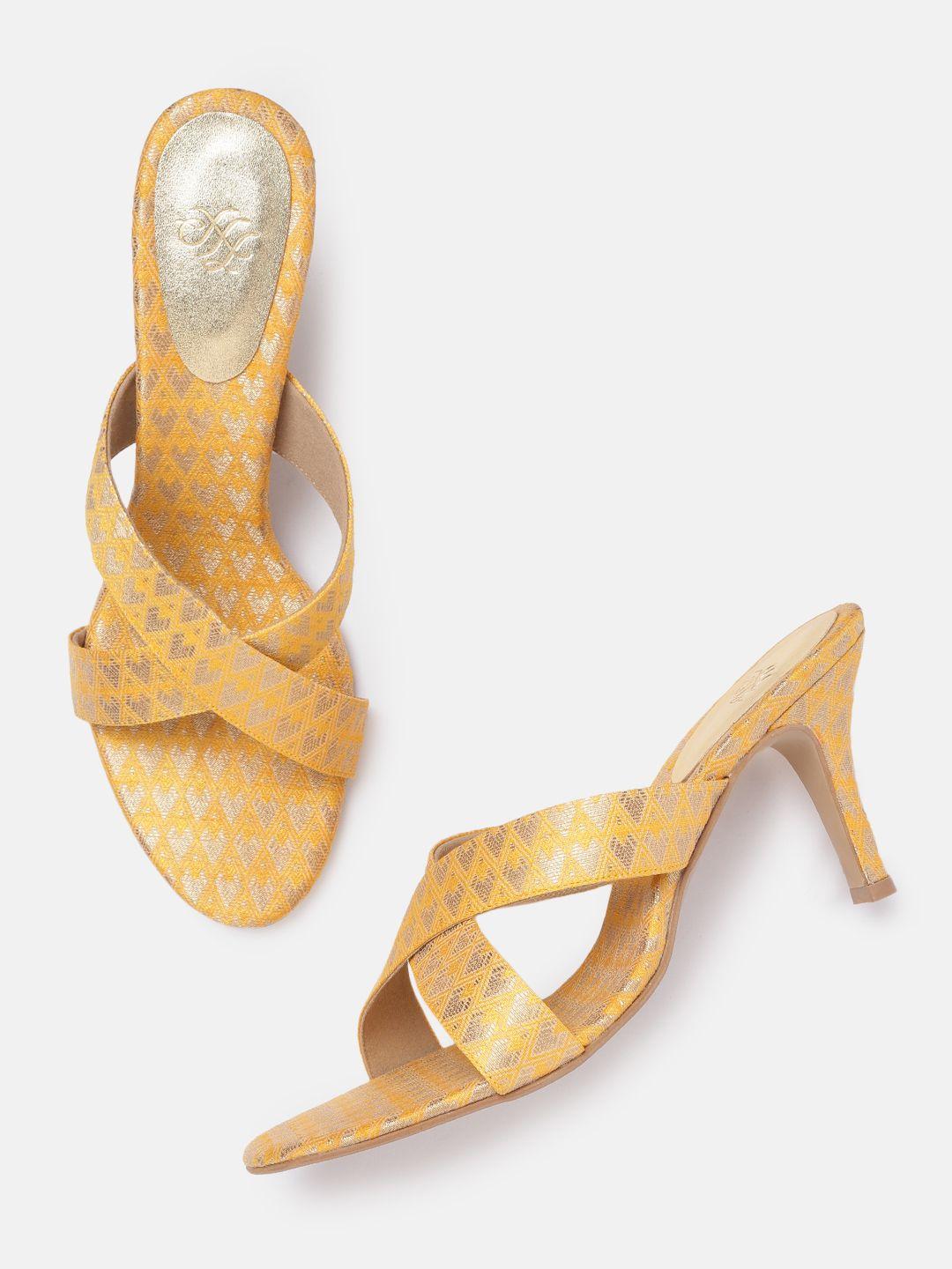 house of pataudi women yellow & golden printed ethnic slim heel sandals