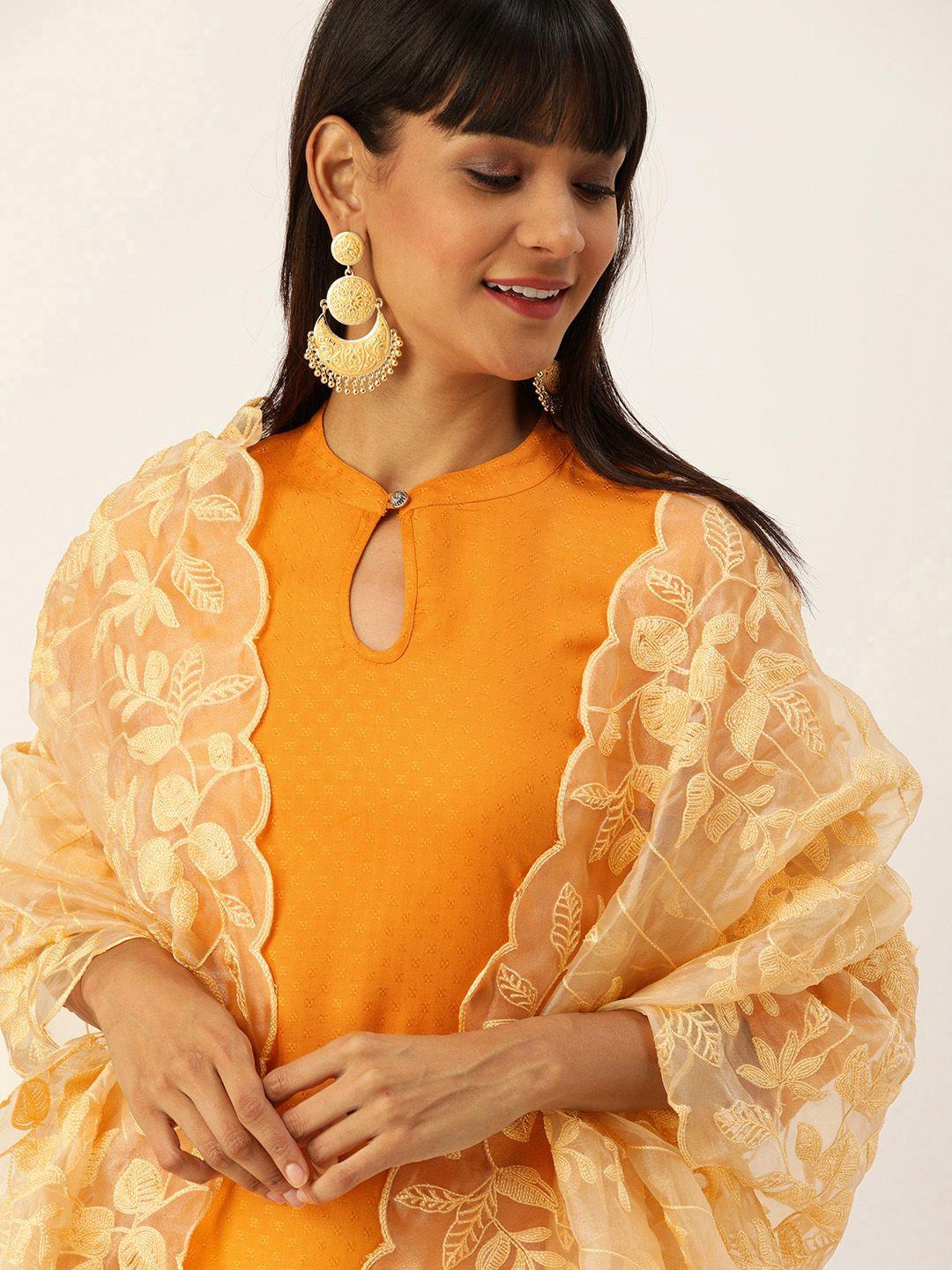 house of pataudi women yellow & off-white embroidered kurta with trousers & dupatta