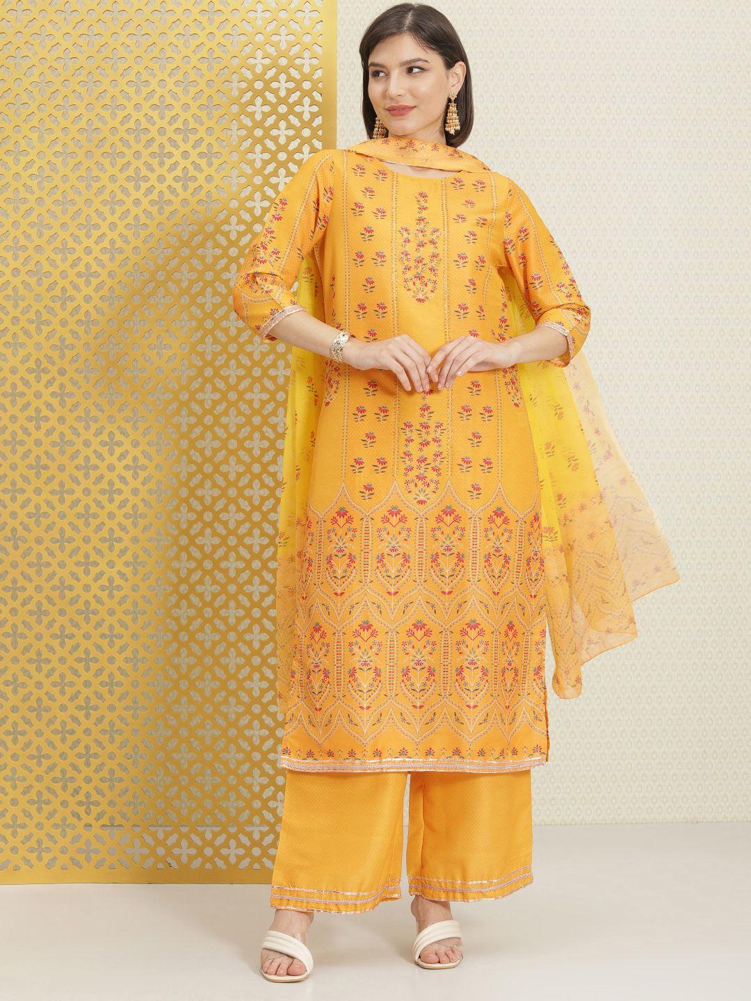 house of pataudi women yellow floral printed beads and stones kurta with palazzos & with dupatta