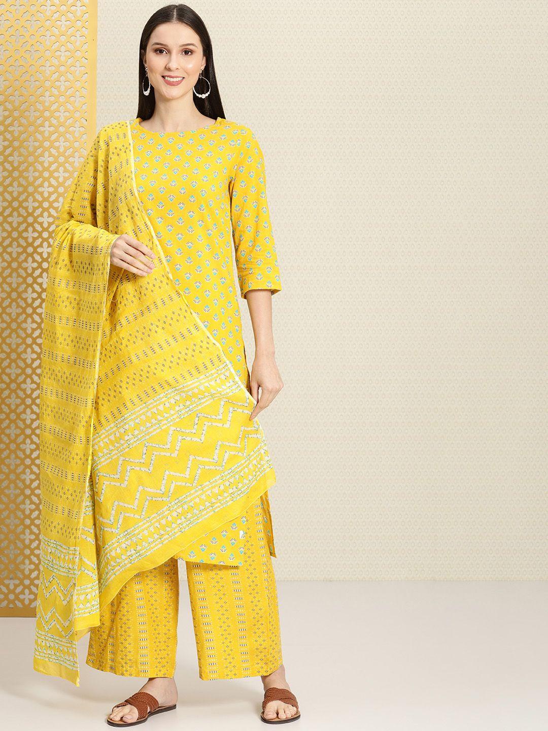 house of pataudi women yellow printed cotton rozana kurta with palazzos & with dupatta