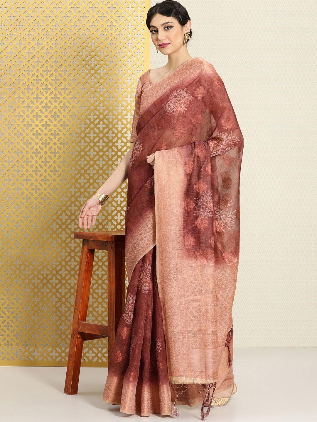 house of pataudi woven design ethnic motifs zari linen blend saree