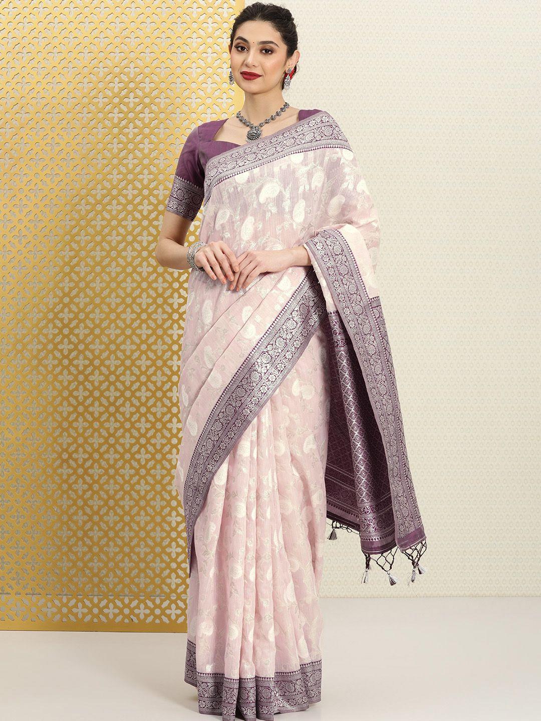 house of pataudi woven design floral zari linen blend saree