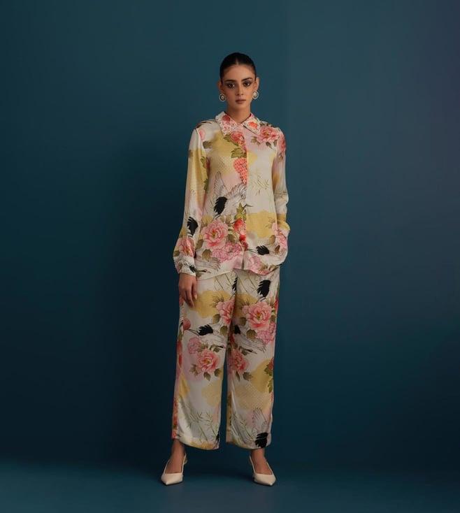 house of pink off white blossom embroidered printed top with pant