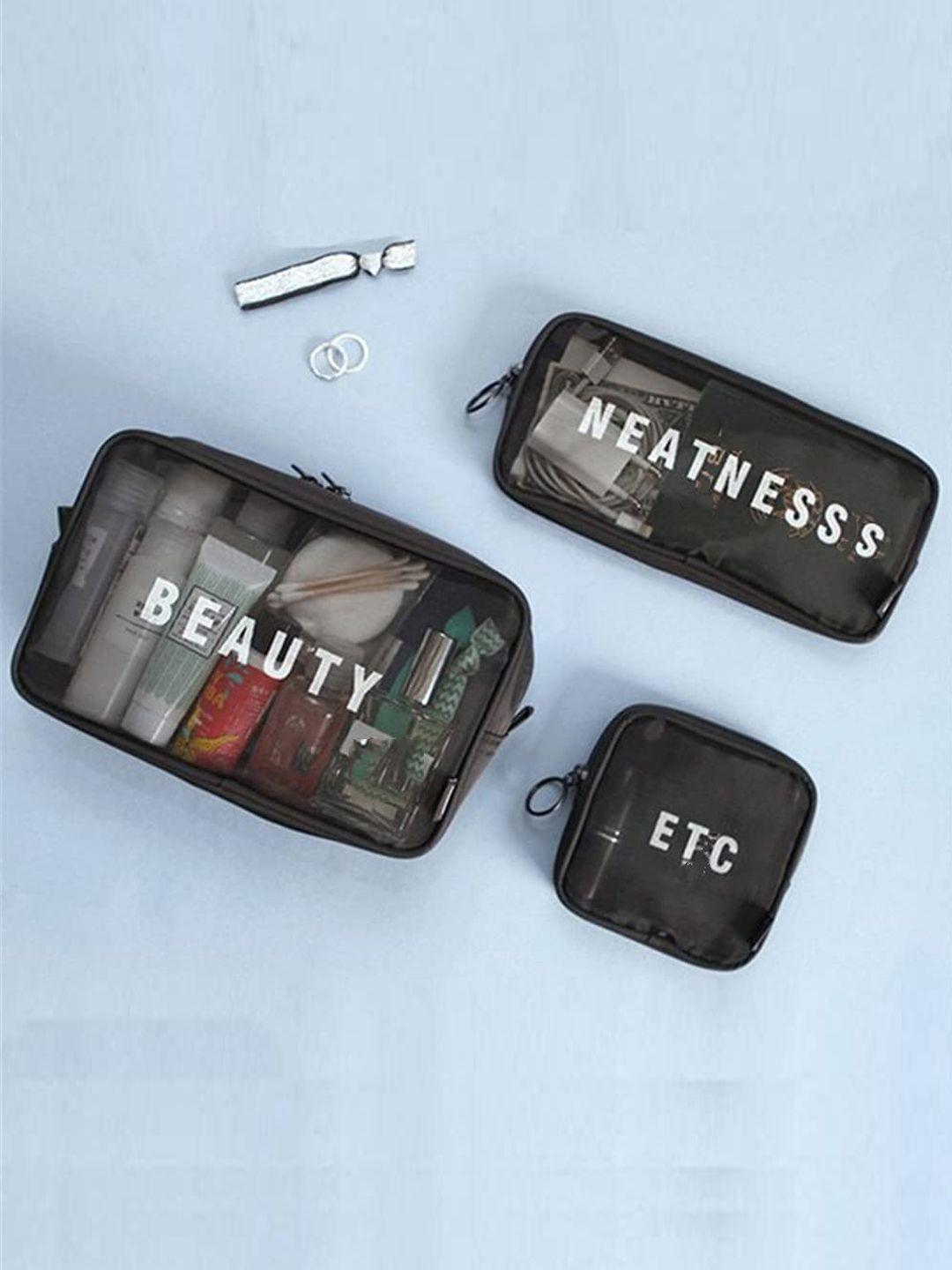 house of quirk set of 3 black typography printed travel mesh makeup bags