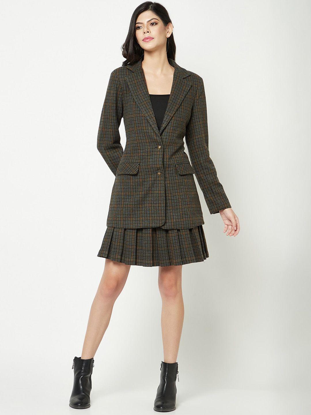 house of s checked lapel collar coat & mini pleated skirt