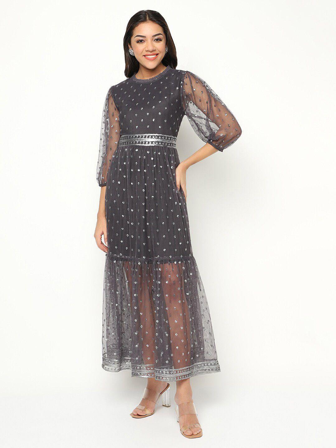house of s embellished puff sleeves sequined net maxi dress