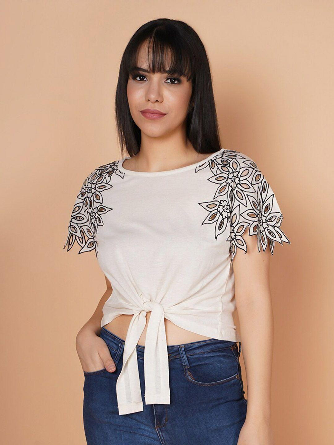 house of s embroidered cut work extended sleeves waist tie-up crop top