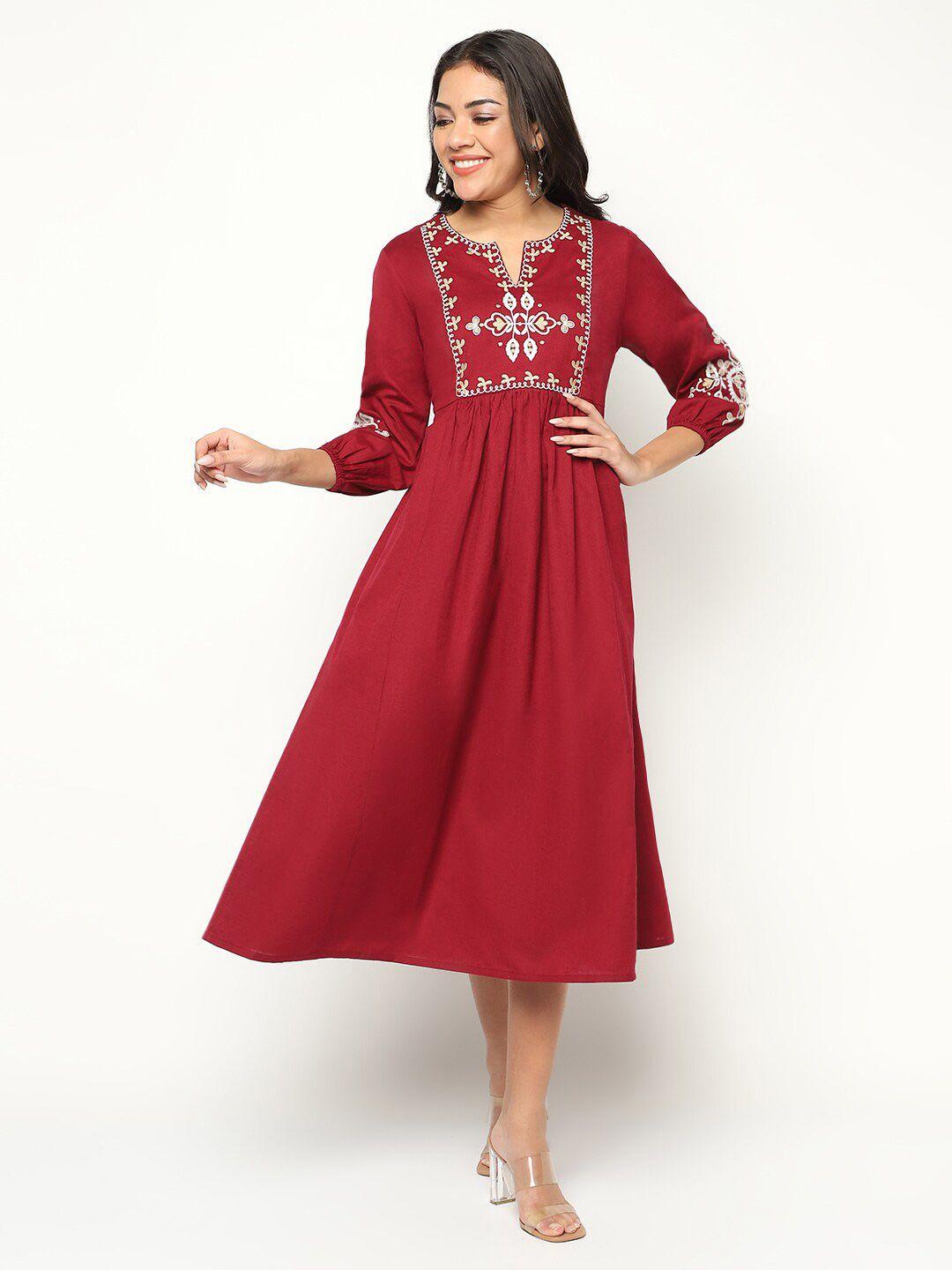 house of s ethnic motifs embroidered cotton a-line midi dress