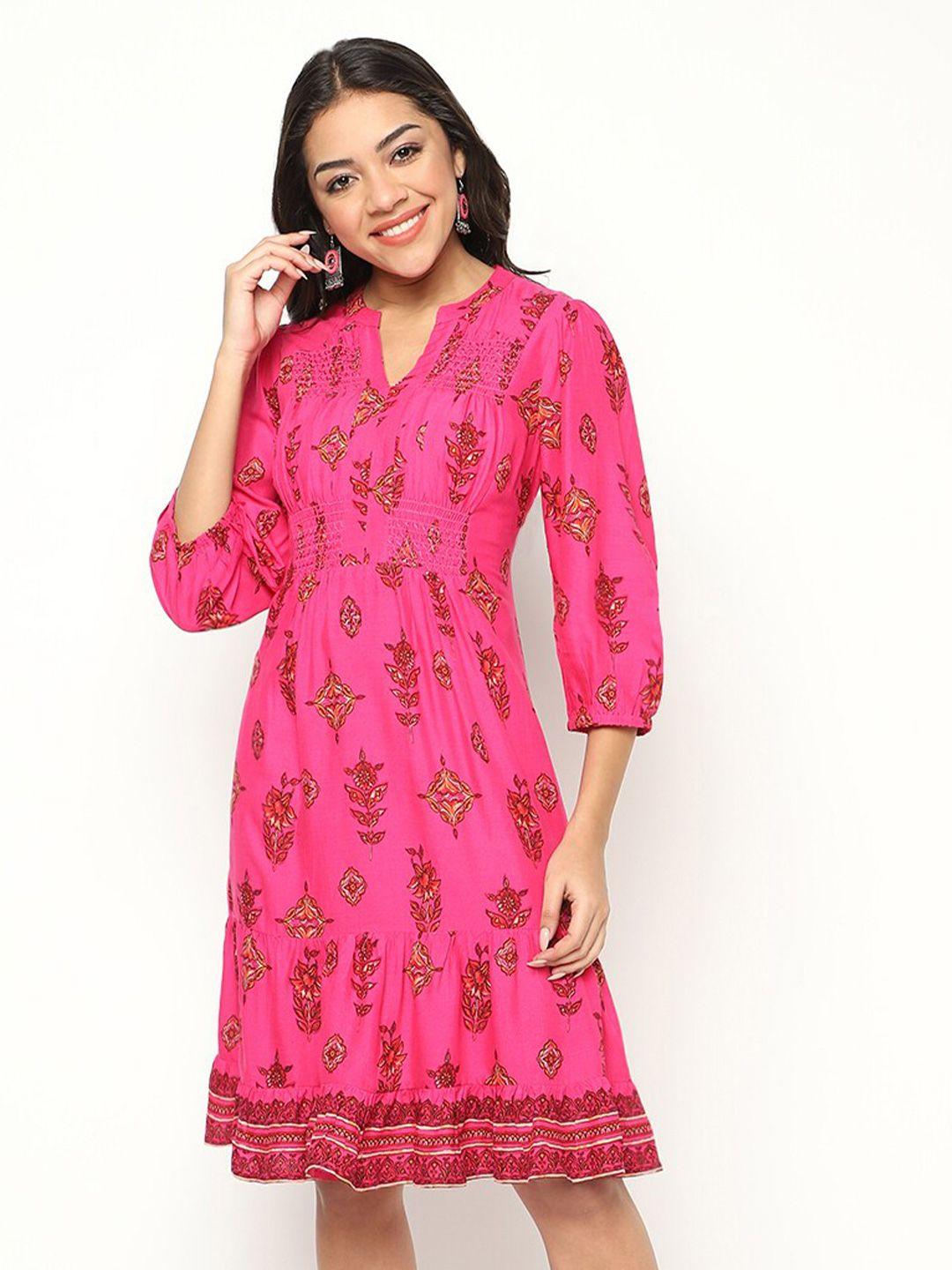 house of s floral printed mandarin collar puff sleeves cotton fit & flare ethnic dress