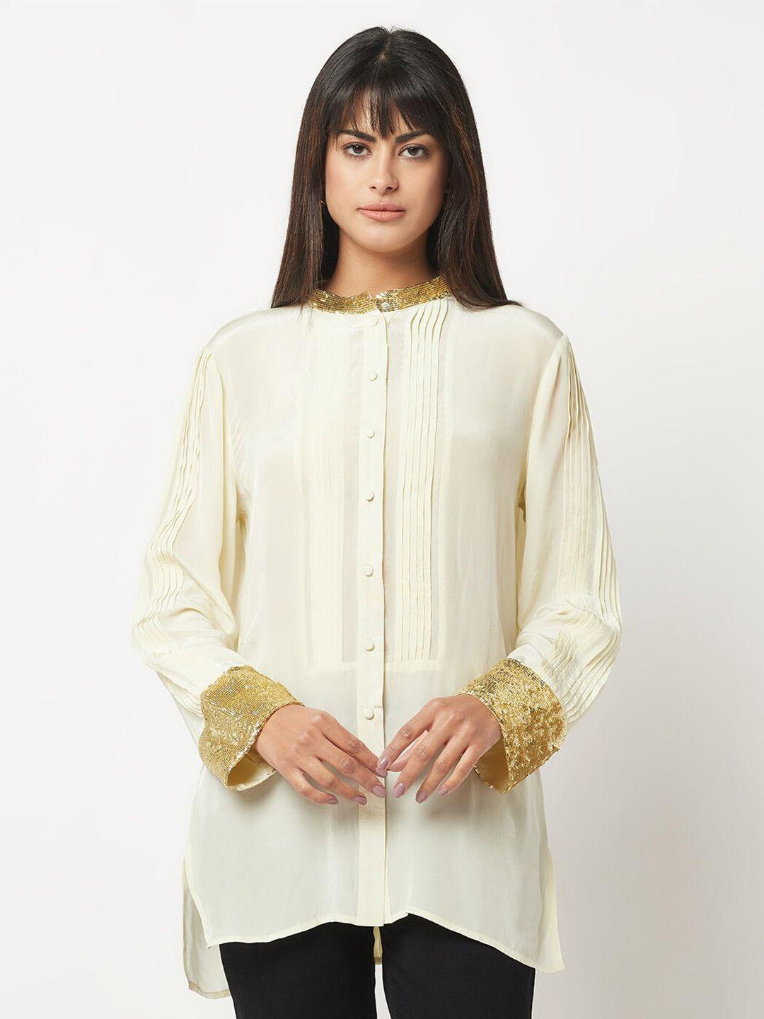 house of s mandarin collar sequins silk casual shirt