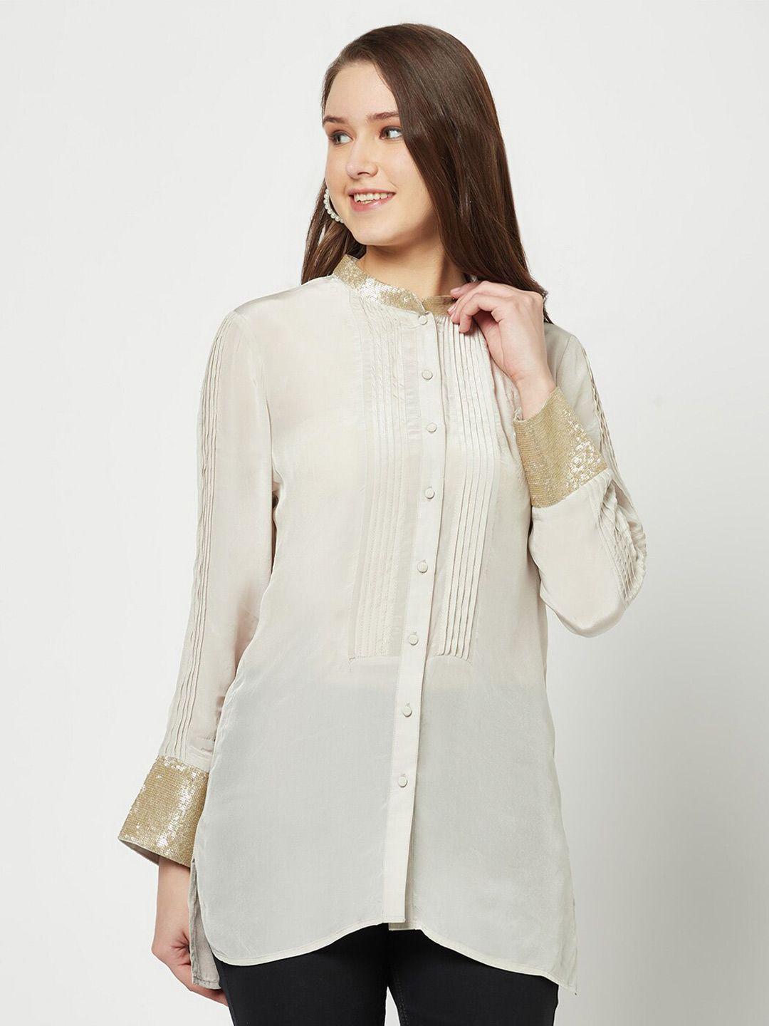 house of s mandarin collar silk casual shirt