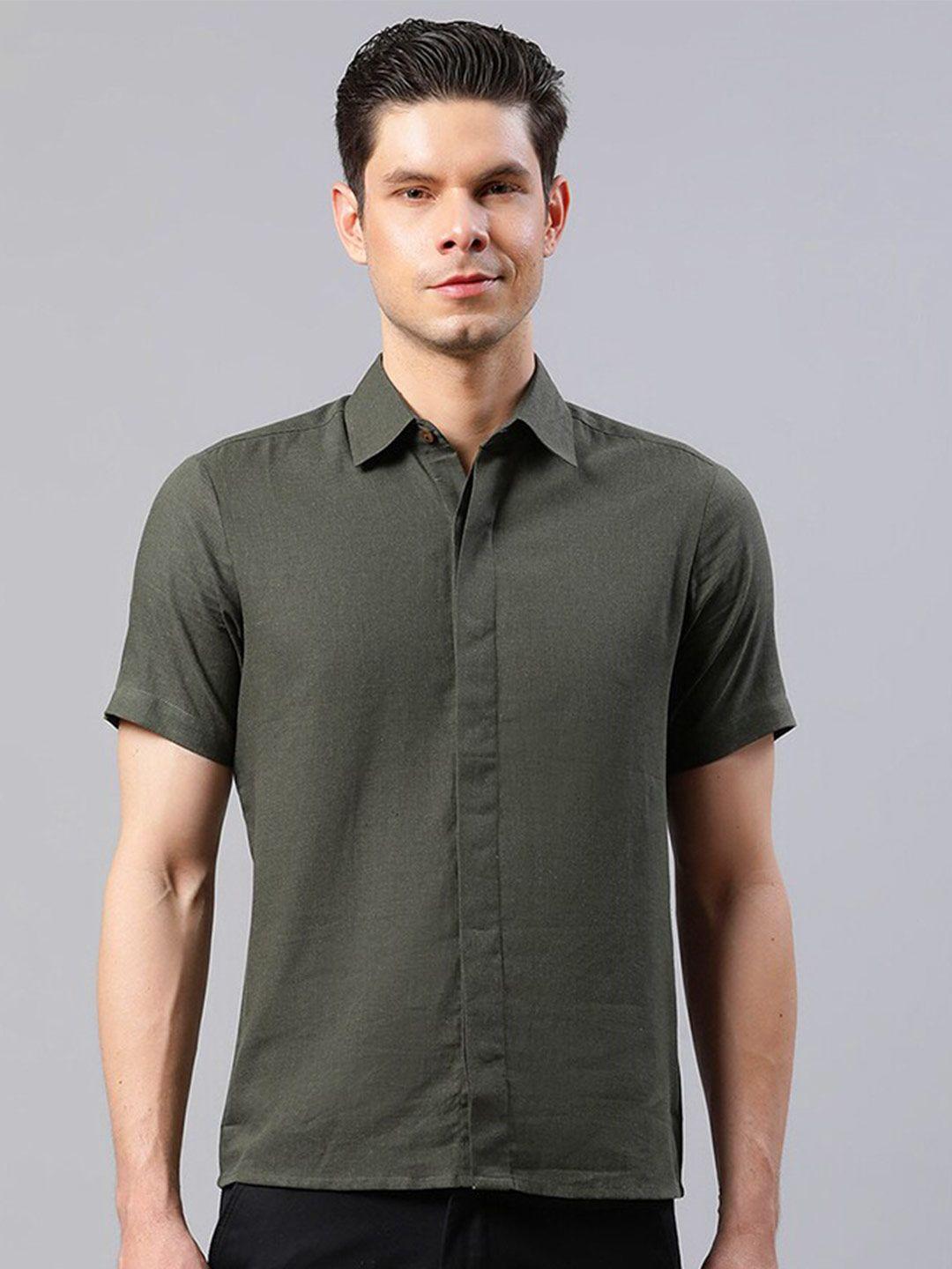 house of s men green straight slim fit cotton casual shirt