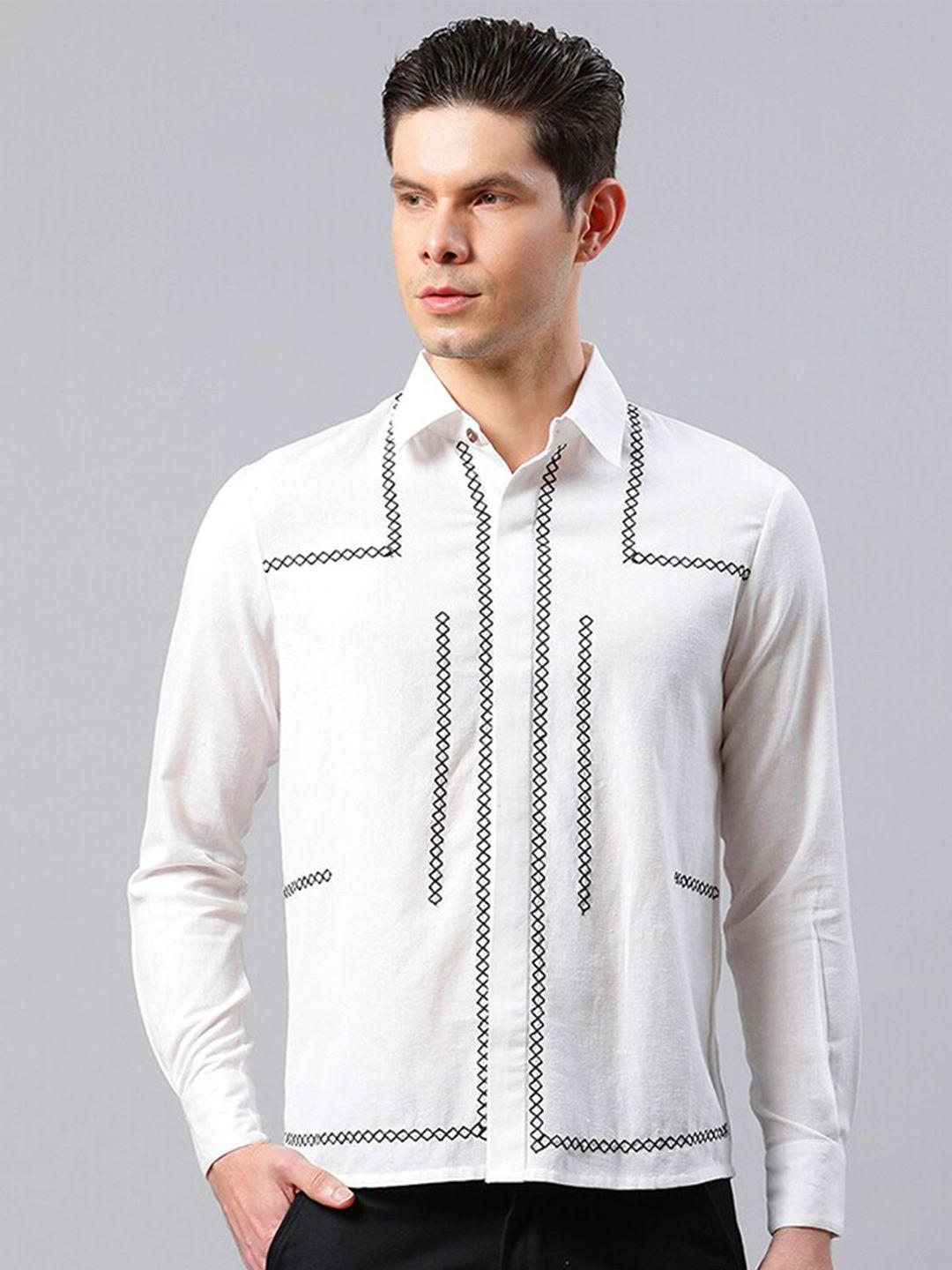 house of s men straight slim fit cross stitch embroidered cotton casual shirt