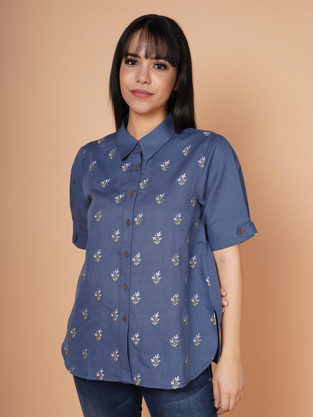 house of s women blue floral embroidered linen casual shirt