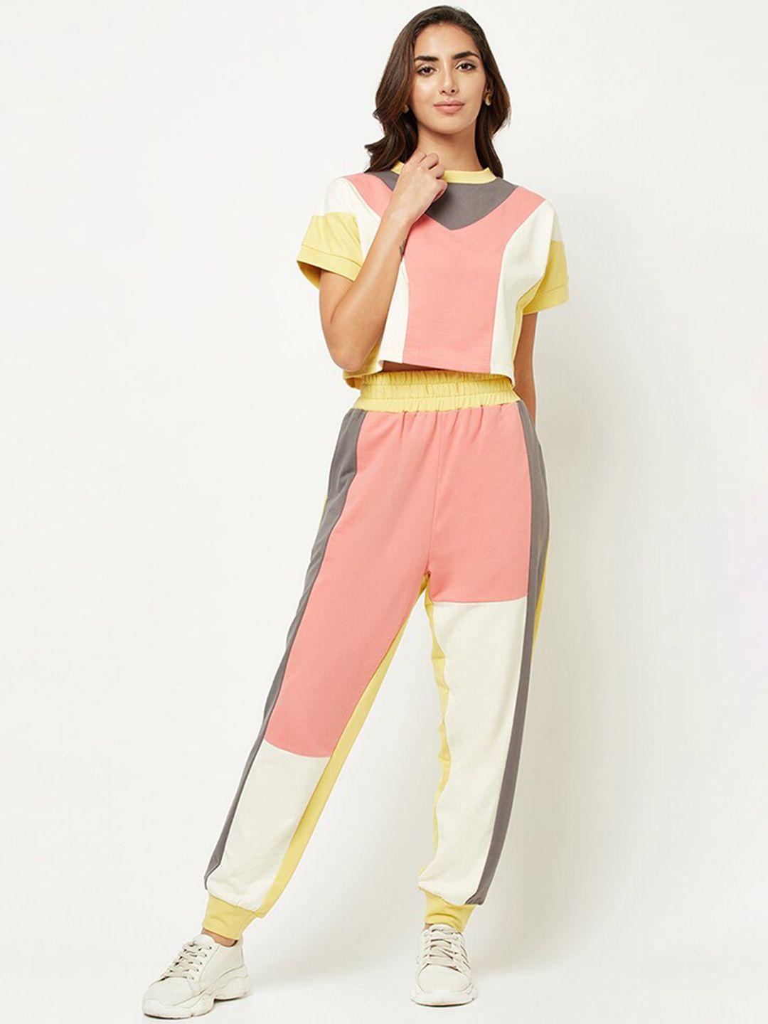 house of s women colour-blocked pure cotton crop-top with joggers co-ords