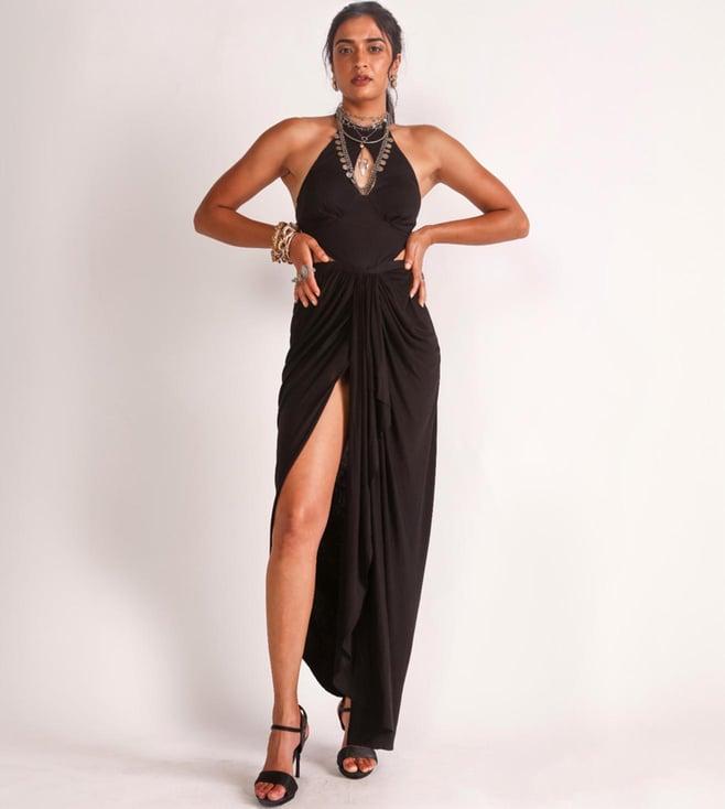 house of three black diffusion titania jersey draped dress with chain tie up