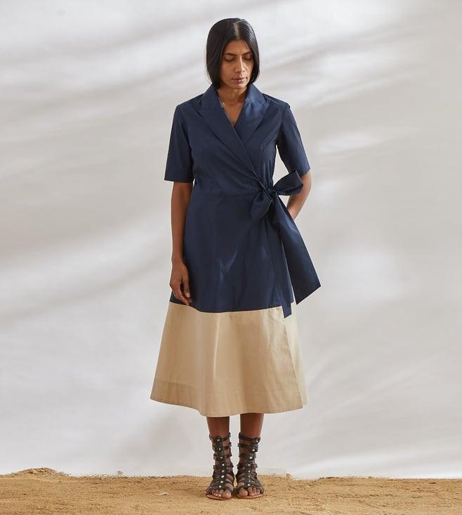 house of three diffusion navy & beige artha wrap dress