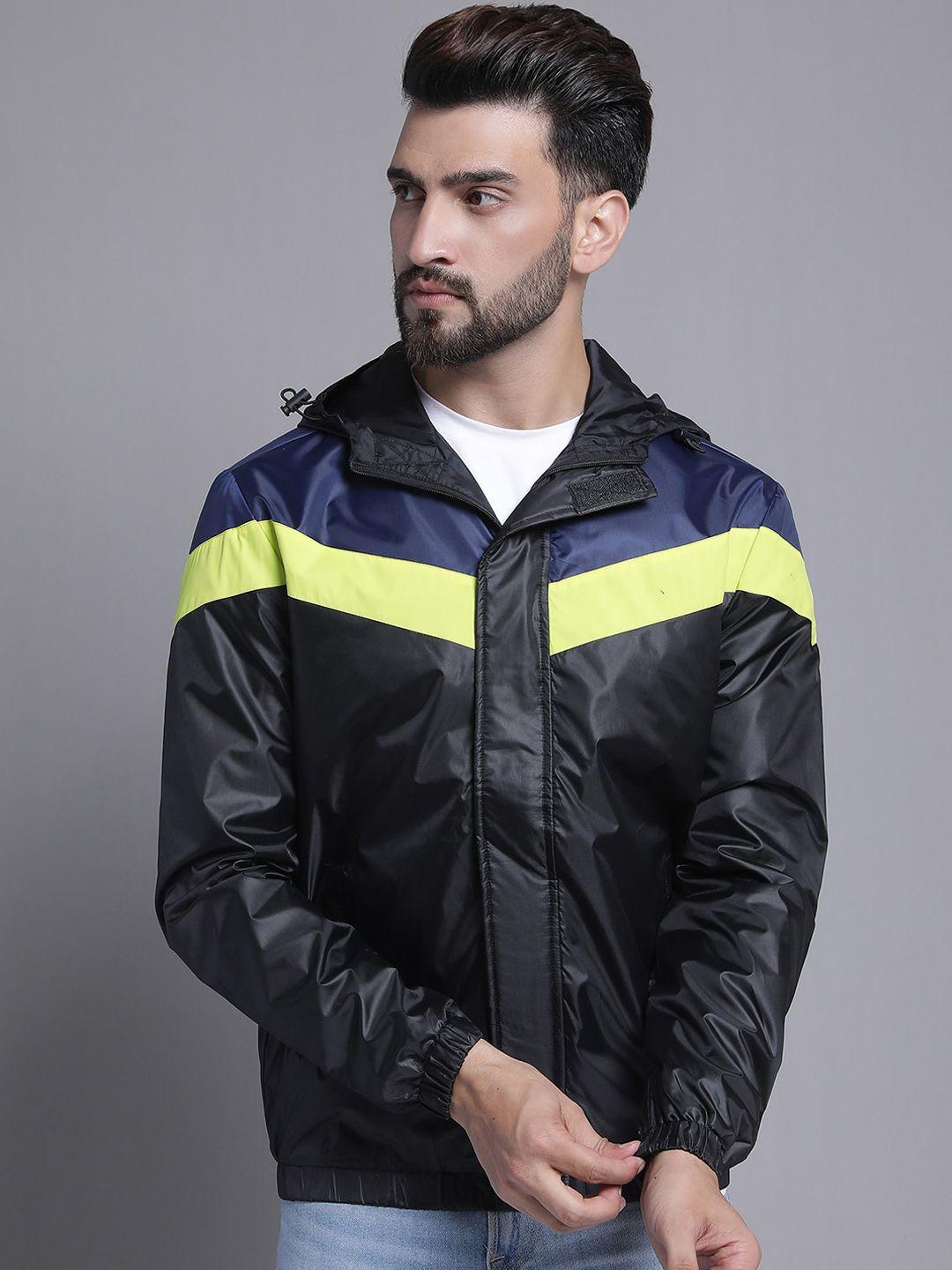 house of vedas men black colourblocked windcheater and water resistant outdoor padded jacket
