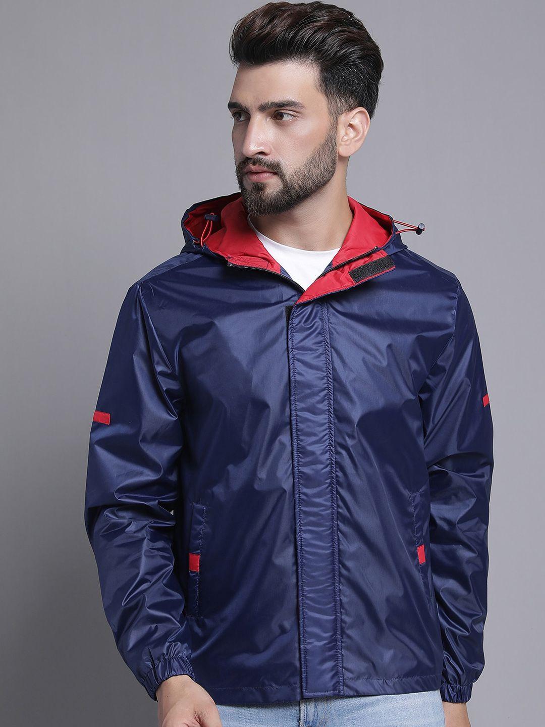 house of vedas men navy blue colourblocked windcheater and water resistant outdoor sporty jacket with