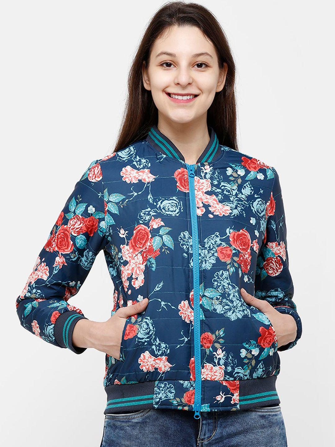 house of vedas women blue floral lightweight outdoor bomber jacket