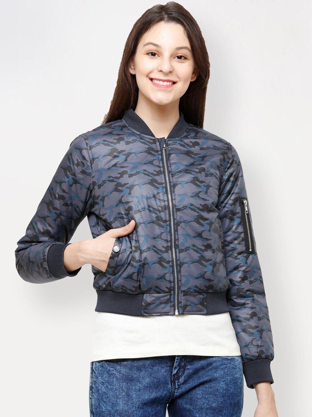 house of vedas women navy blue camouflage lightweight outdoor bomber jacket