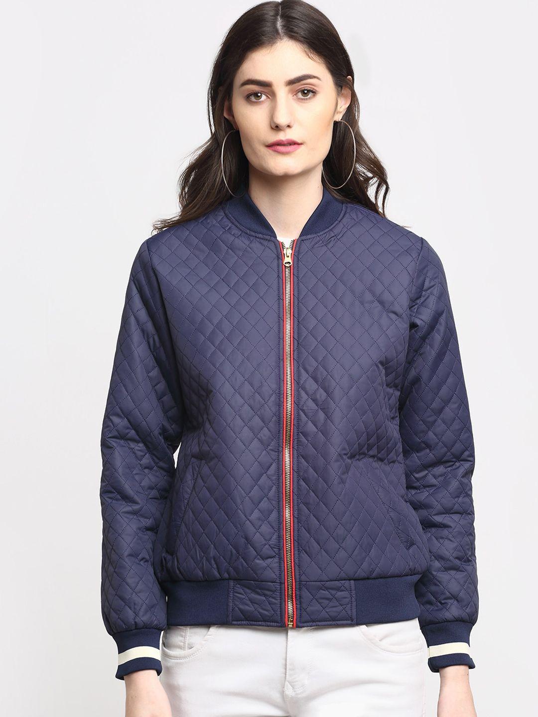 house of vedas women navy blue geometric lightweight outdoor bomber with jacket