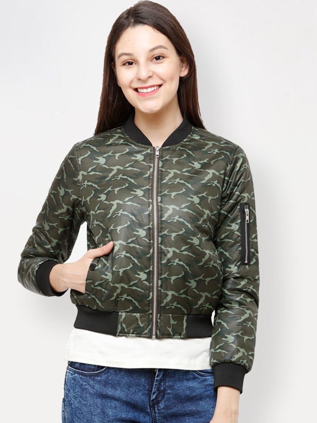 house of vedas women olive green floral lightweight outdoor bomber jacket