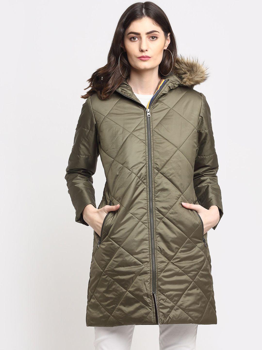 house of vedas women olive green lightweight longline outdoor quilted jacket