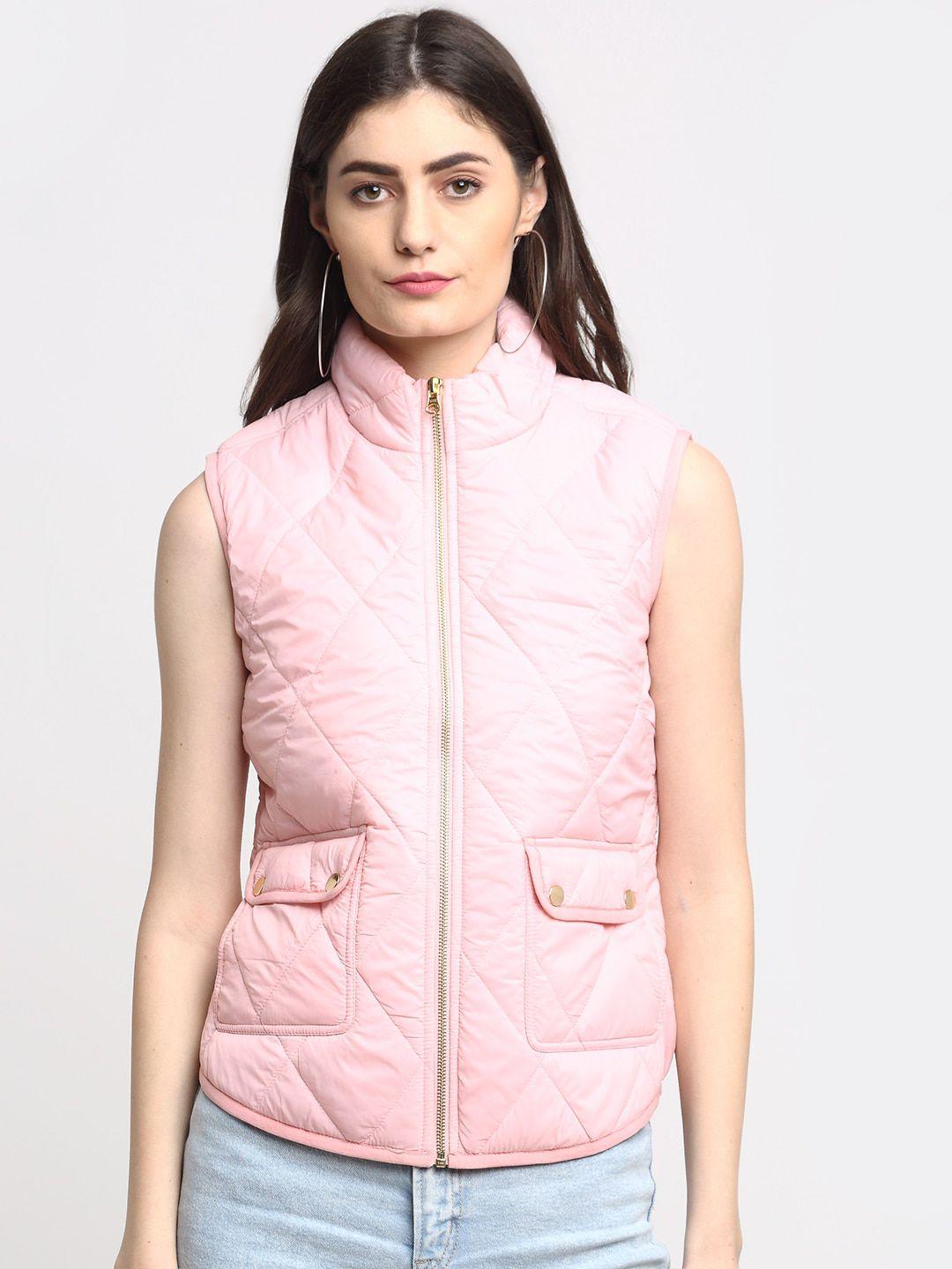 house of vedas women pink geometric lightweight outdoor quilted jacket with patchwork