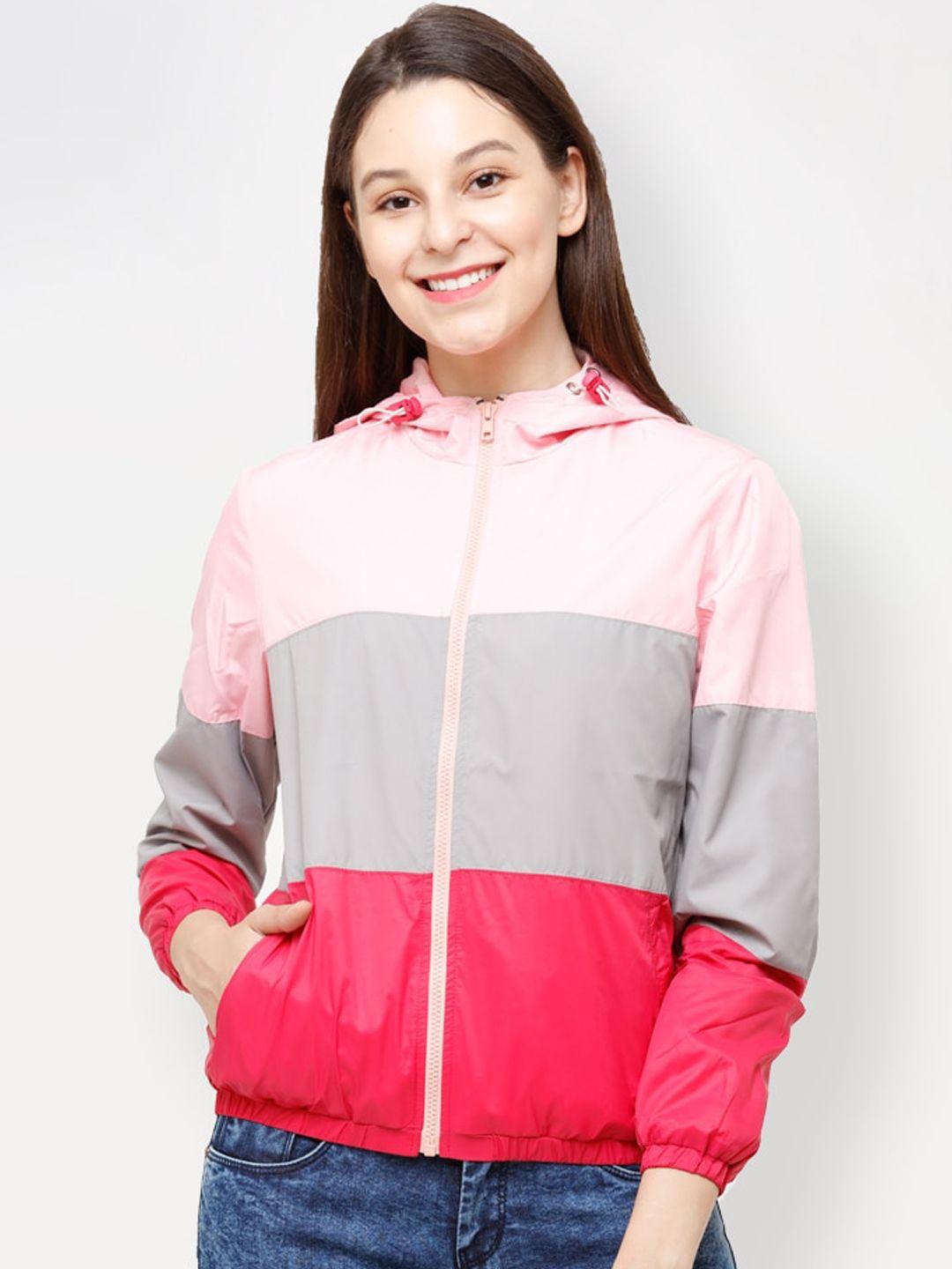 house of vedas women pink striped windcheater outdoor bomber with patchwork jacket