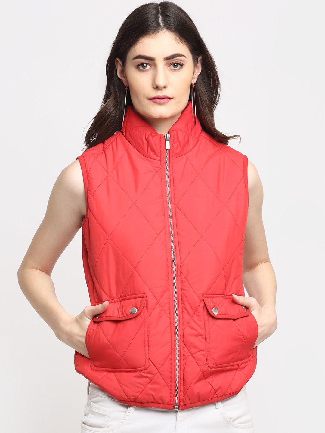 house of vedas women red geometric lightweight outdoor quilted jacket