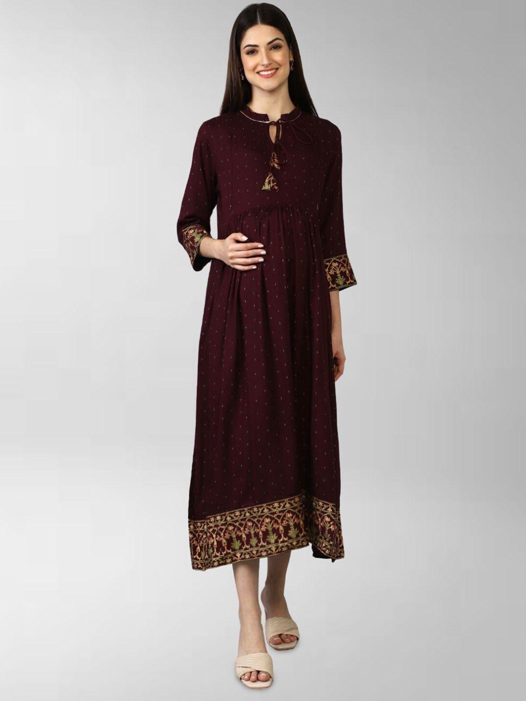 house of zelena ethnic motif printed tie-up neck gathered maternity fit & flare midi dress