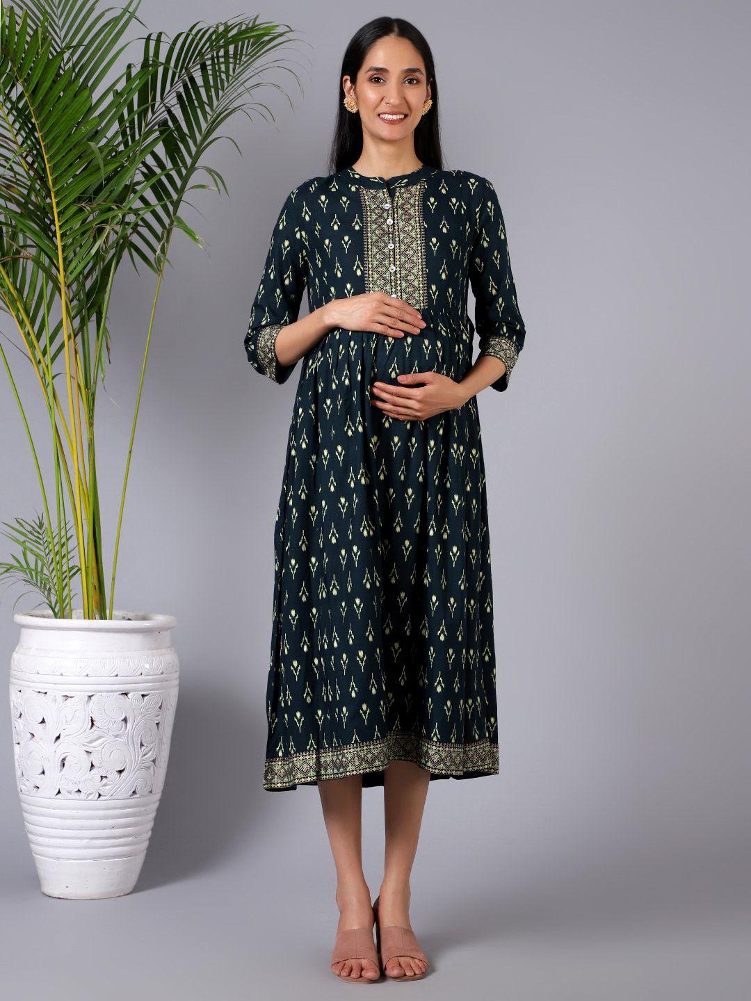 house of zelena ethnic motifs print a-line pleated midi maternity ethnic dress