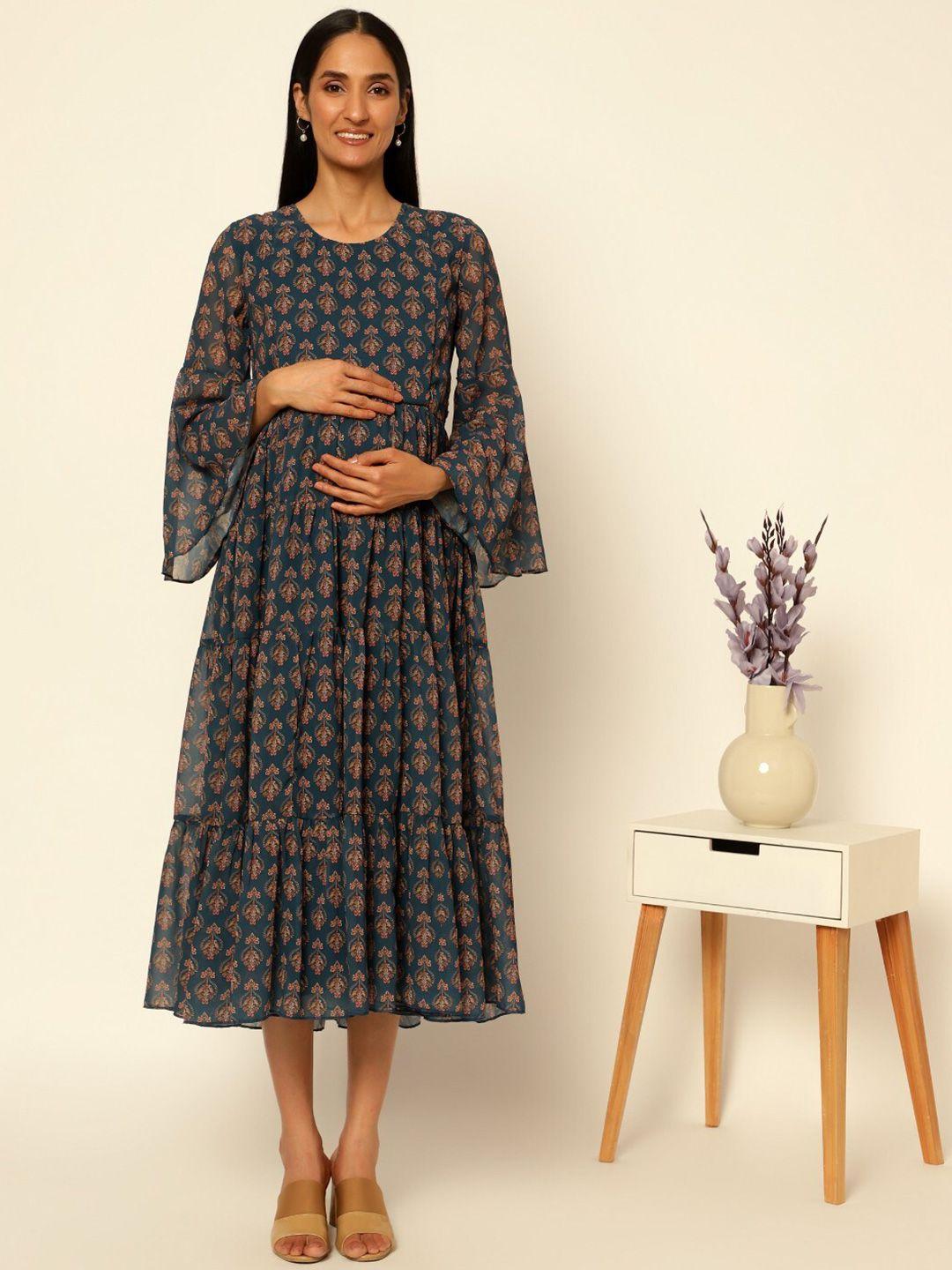 house of zelena ethnic motifs printed gathered detailed maternity fit & flare midi dress