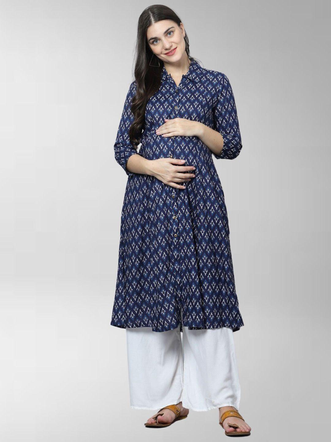 house of zelena ethnic motifs printed shirt collar maternity a-line kurta