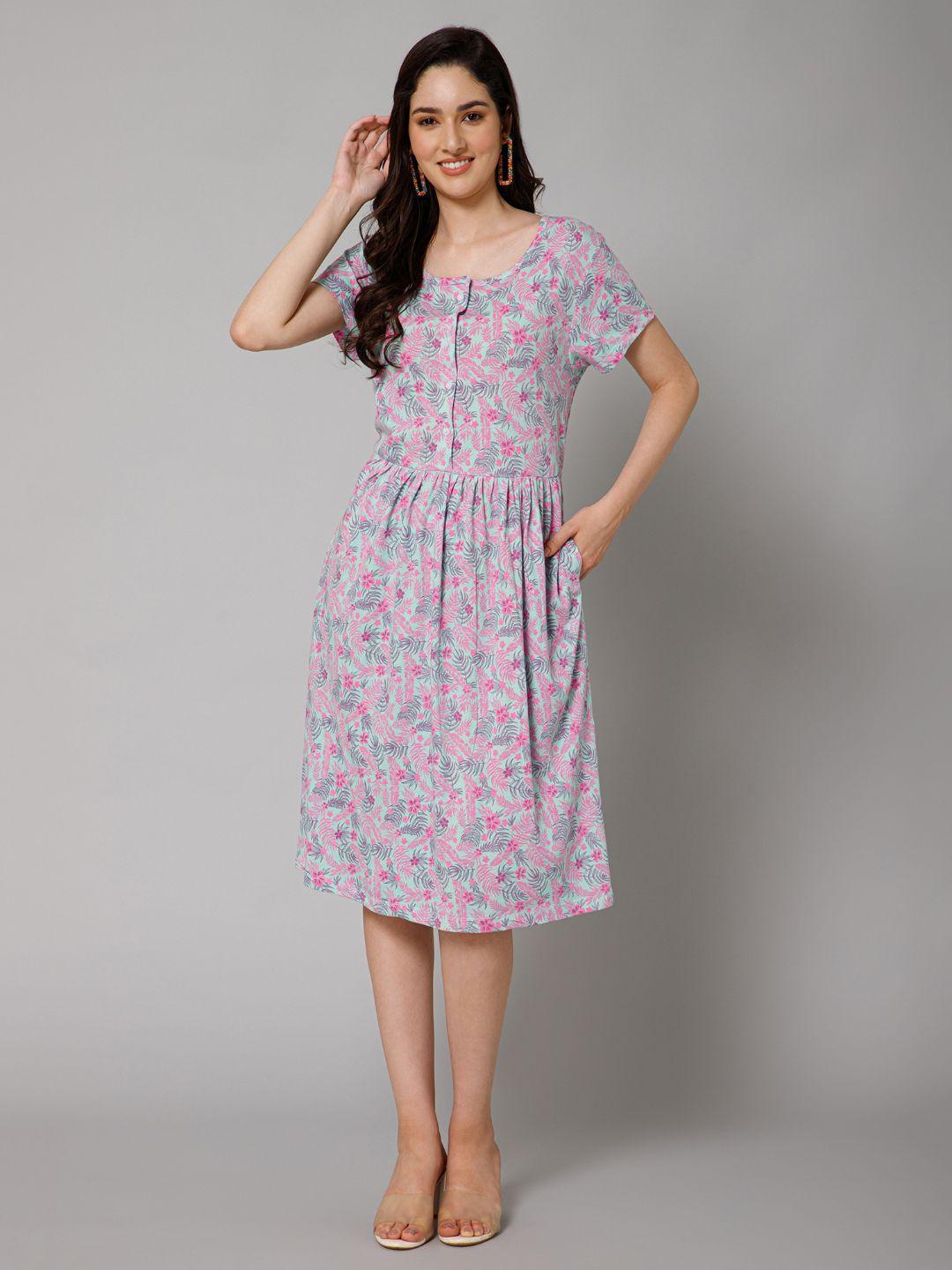 house of zelena floral printed round neck fit & flare pleated cotton dress