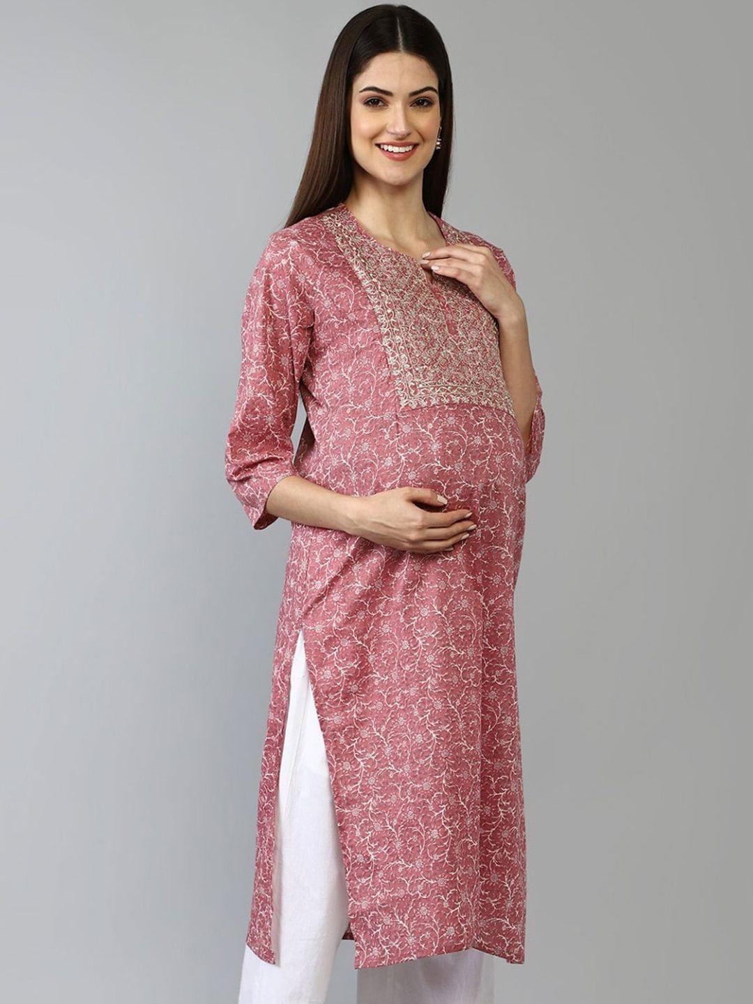 house of zelena floral printed thread work cotton maternity kurta