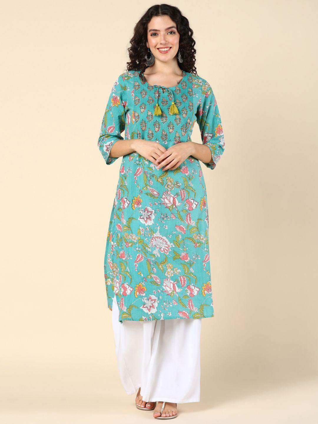house of zelena floral printed tie-up neck cotton maternity kurta