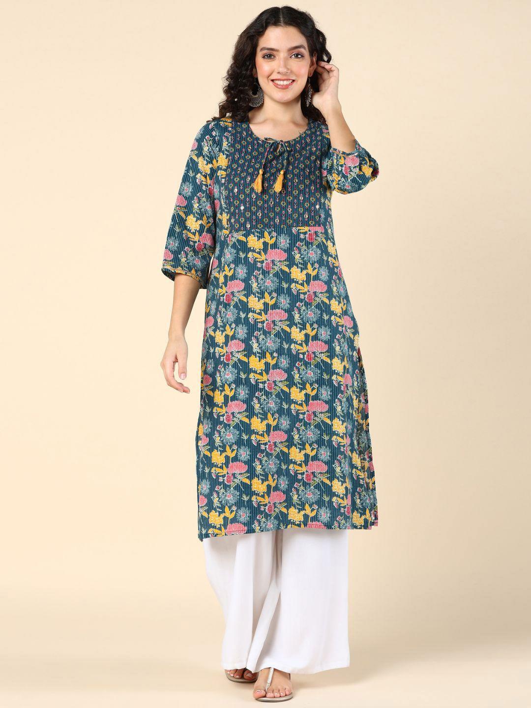 house of zelena floral printed tie-up neck mirror work cotton feeding & maternity kurta